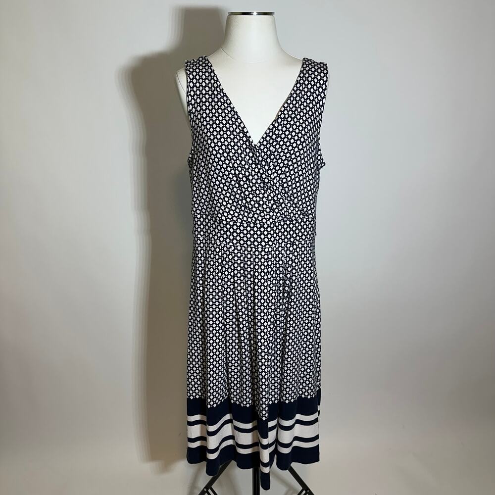 Lands End Navy Blue & White Surplice Sleeveless Dress Womens Size Large L 14-16